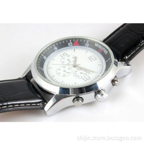 Three-eye stainless steel watch with genuine leather band for men, chronograph